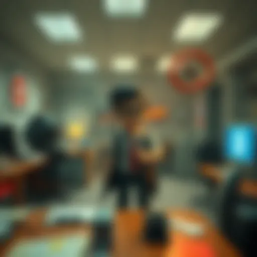 A player character in a surreal office setting, interacting with humorous corporate elements from games like Stanley Parable and Job Simulator.