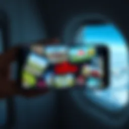 A collection of offline games displayed on a smartphone with a plane window in the background, showcasing travel and entertainment.
