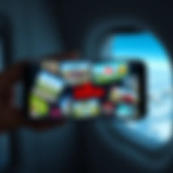 A collection of offline games displayed on a smartphone with a plane window in the background, showcasing travel and entertainment.