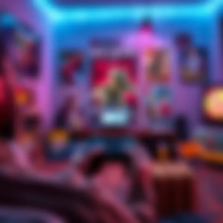A person playing video games alone in a cozy setting with a controller in hand, surrounded by game posters and snacks.