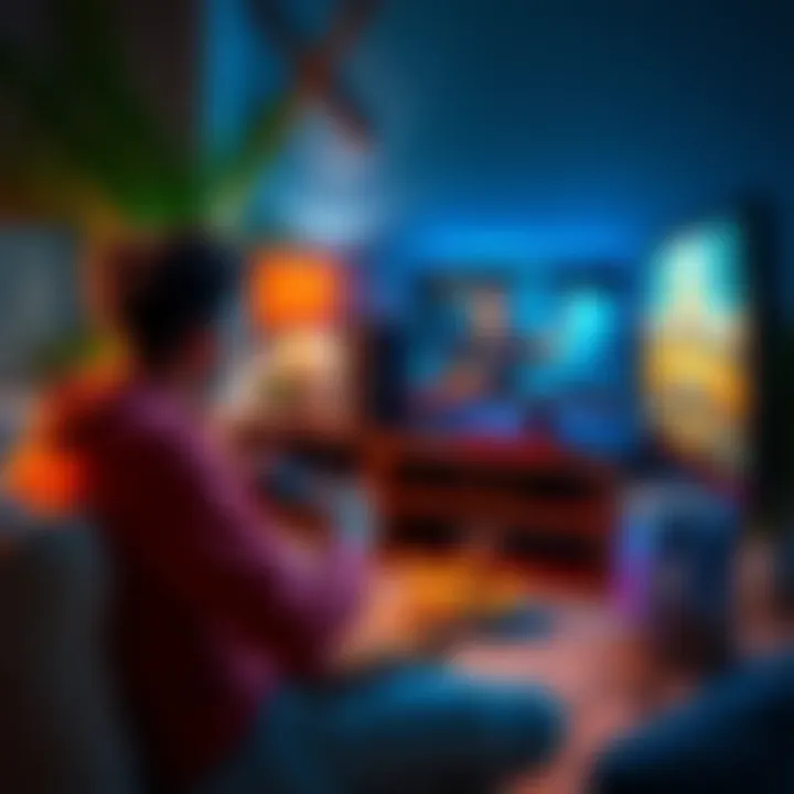 Games for Multitasking A person playing a PC game while watching a video on another screen, with snacks nearby and a relaxed atmosphere.