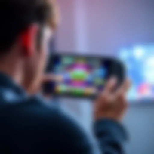Games on Handheld Consoles A gamer frustrated while playing a handheld console, showcasing various popular game titles on the screen with visible low resolution and frame drop effects.
