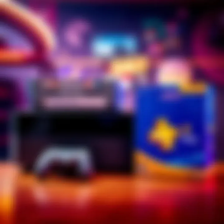 A graphic showing a gaming console next to a stack of physical game cases and a subscription box for PlayStation Plus.