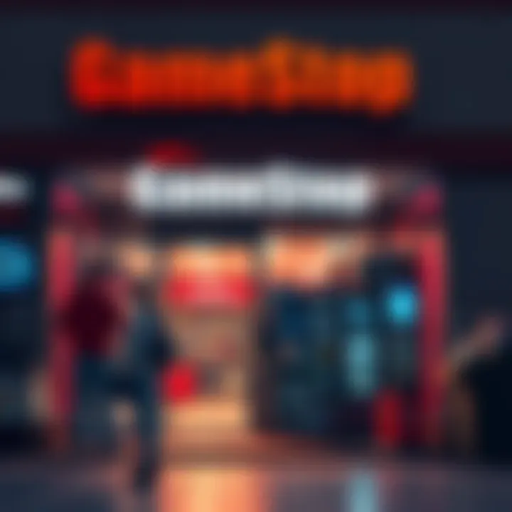 A GameStop store front with a customer interacting with an employee, discussing warranty issues.