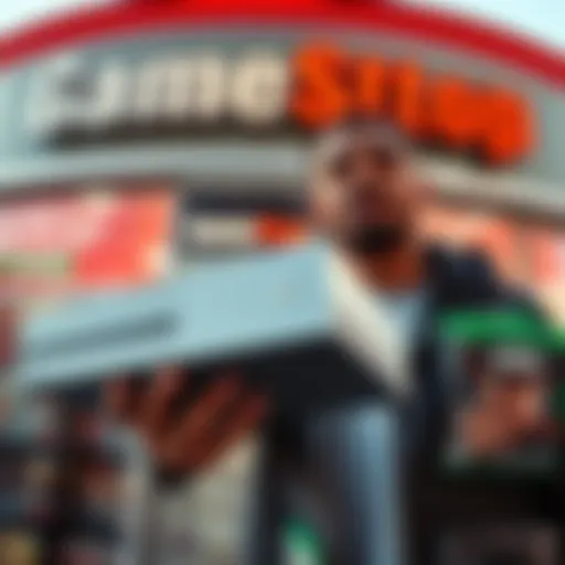 A person holding an Xbox One S console and several video games in front of a GameStop store