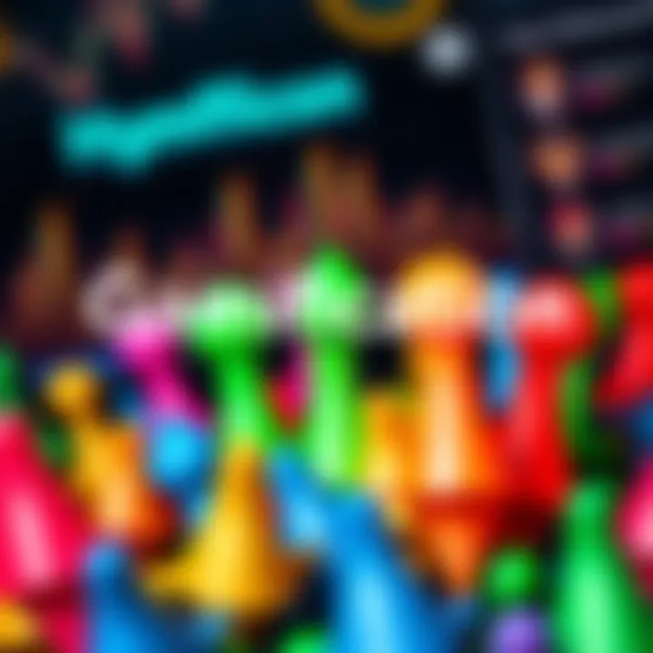 A collection of colorful points representing gamification rewards, with a background of a game interface.