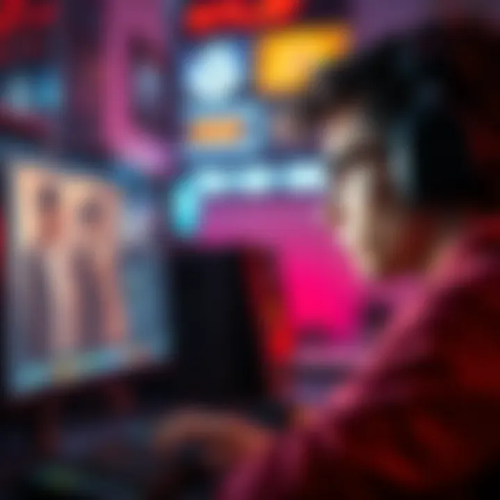 A gamer with headphones looking concerned while reading negative comments on a computer screen, representing online harassment in the gaming community.