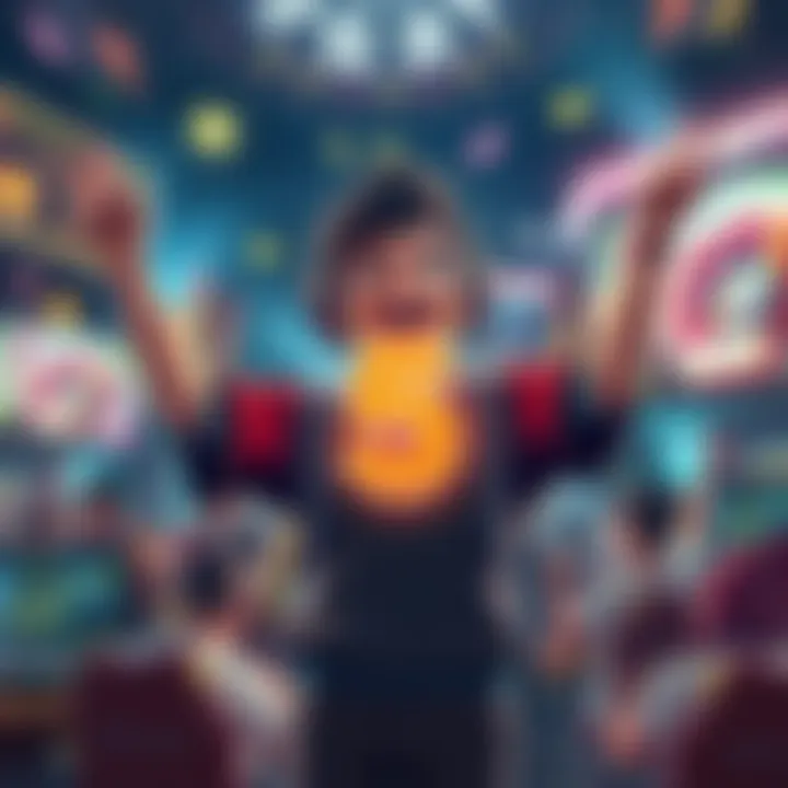 A character in a popular game celebrating reaching difficulty 5, surrounded by colorful game graphics and cheering players.