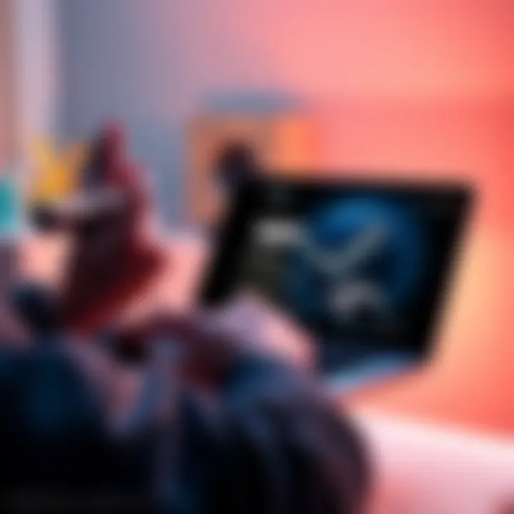 A person celebrating a gaming achievement with a laptop and Steam interface showing 100% completion on the screen.
