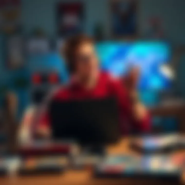 Gaming Backlog Selection A gamer sitting at a desk, surrounded by various game cases, looking excited while picking a game from their backlog.
