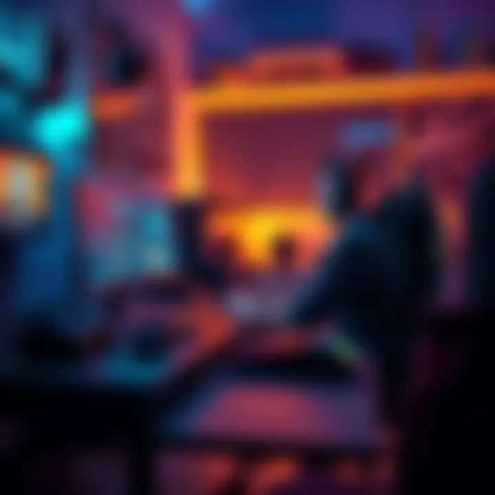 A gamer at an optimization and tinkering bench, adjusting game settings on a computer with tools around.