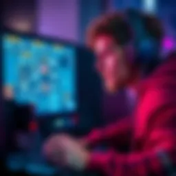 Gaming Boost with Blueprints A gamer focused on a computer screen displaying blueprints for game strategies and upgrades.