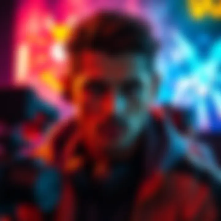 A well-known gaming celebrity surrounded by colorful graphics representing gaming culture and allure