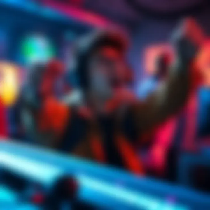 A gamer triumphantly celebrating after completing a difficult level, showcasing determination and achievement.