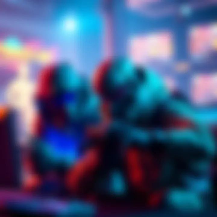 Two gaming characters working together in a vibrant game setting