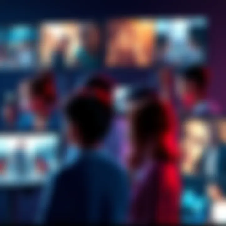 A diverse group of people engaging with various choice-driven video games on screens, showcasing emotional scenes and story moments.