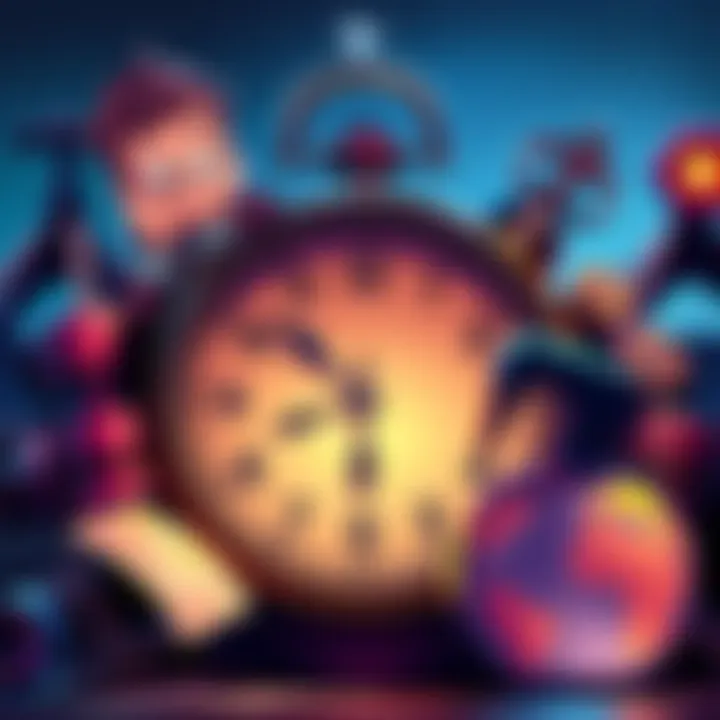 Gaming clock with a character pondering A cartoon character looking thoughtfully at a clock surrounded by game elements like maps and tools, reflecting on time limits in exploration