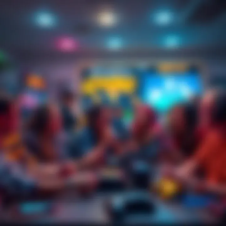 A group of diverse gamers discussing their favorite video games from a certain era, sharing experiences and excitement in a lively setting.