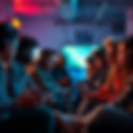 A diverse group of gamers sitting together, playing video games and discussing strategies