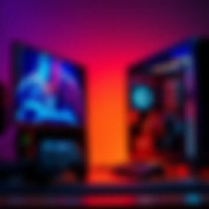 Comparison of gaming console and PC A side-by-side view of a gaming console and a gaming PC setup with monitors and peripherals