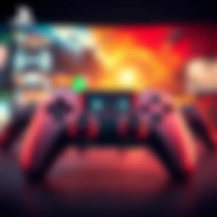 A gaming controller displaying symbols representing E-Day and Reloaded concepts, set against a colorful backdrop of a PS5 game environment