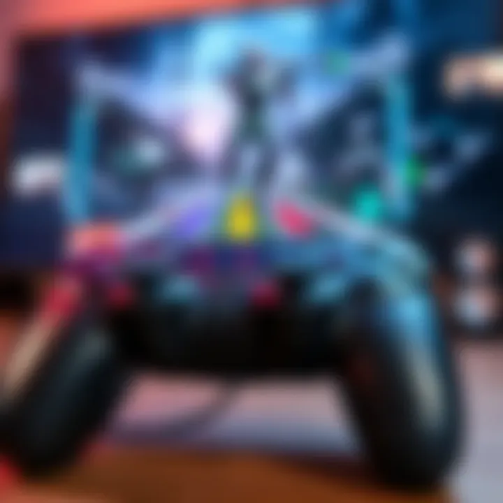 A close-up of a gaming controller showing signs of input lag, with a blurred screen in the background displaying a gameplay scene.