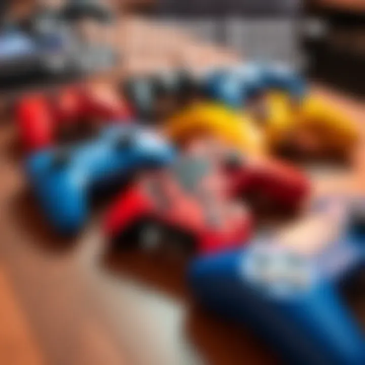 A collection of colorful gaming controllers on a wooden table, representing fun and engaging video games.