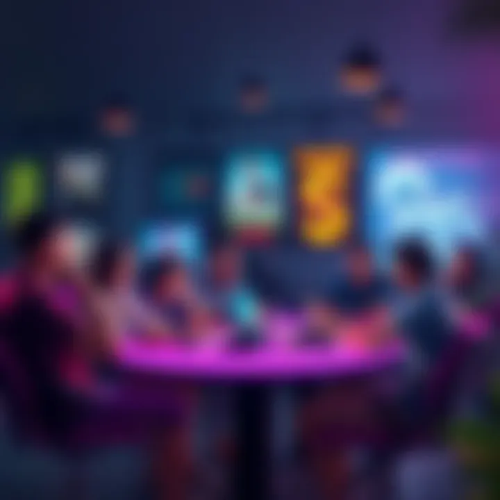 A group of people sitting around a table, discussing a video game with excitement, showing various gaming devices and posters in the background.