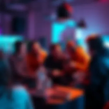 A group of gamers chatting about their AFK experiences, with some playing video games and others engaging in conversation, showcasing a lively atmosphere.