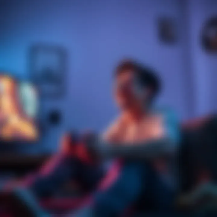 A relaxed person gaming on a television with a joyful expression, surrounded by game controllers and snacks, indicating a fun gaming experience without motion sickness.