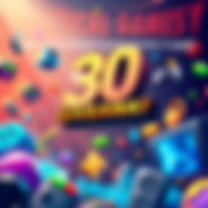 Colorful graphic announcing a giveaway of 30 Fanatical games, with gaming icons and vibrant design elements.