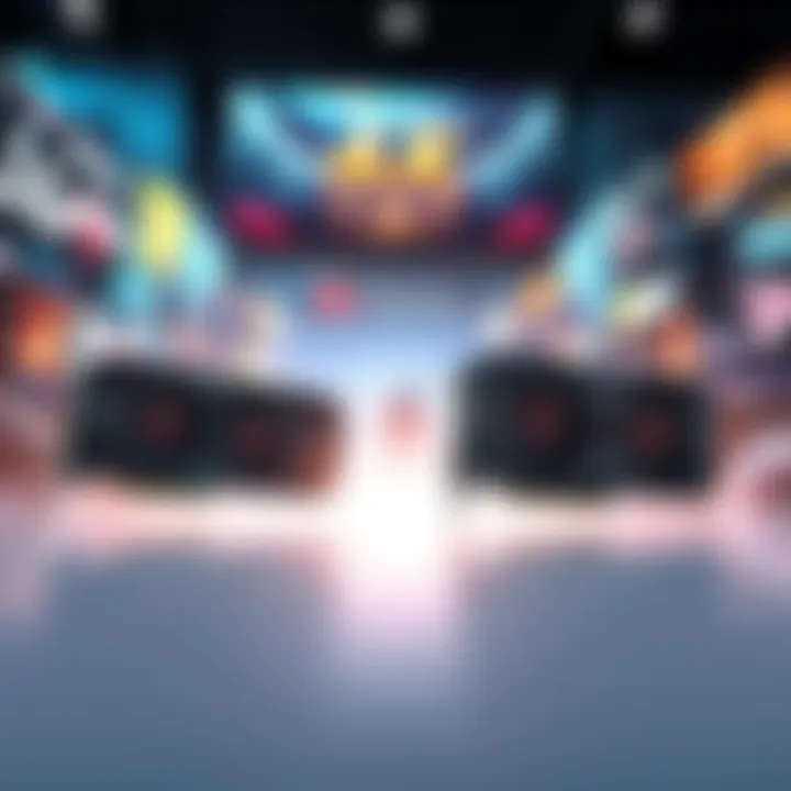 A side-by-side comparison of the 5090 and 5080 graphics cards with gaming visuals in the background