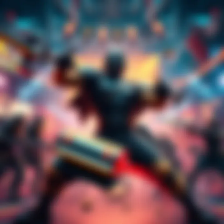 Gaming hero in action A complicated gaming hero character battling in a vibrant arena, showcasing skills but looking challenged