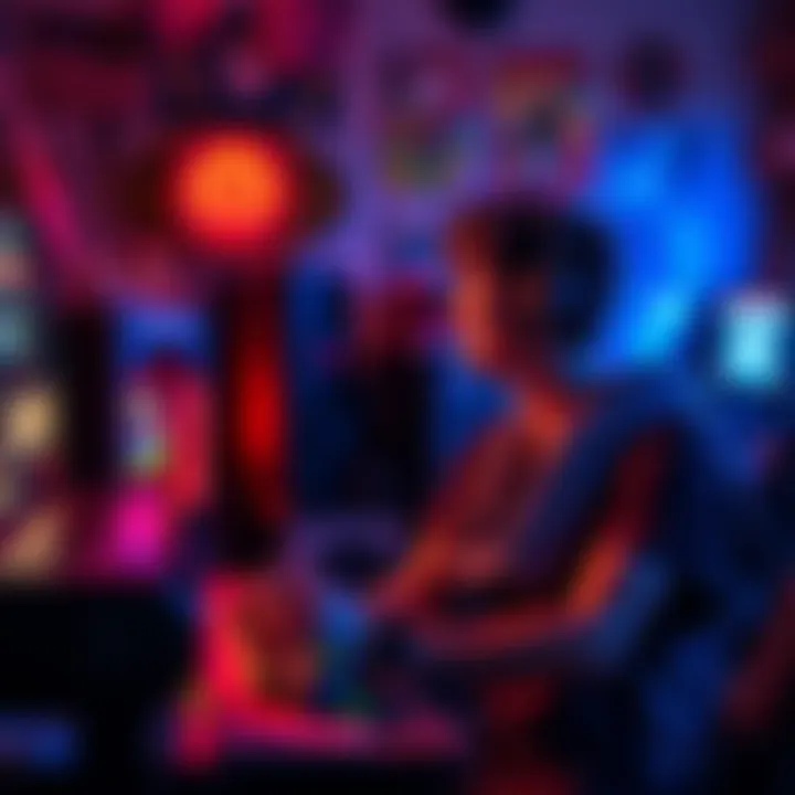 Gaming Journey A gamer joyfully playing at a console, surrounded by gaming memorabilia from the late 1990s, showcasing excitement after 1.5 years of gameplay.