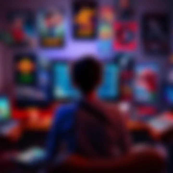Gaming Journey A person sitting in front of a computer screen with a controller, surrounded by game posters and snacks, looking excited about gaming choices.
