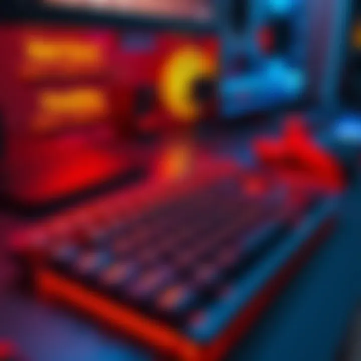 Gaming Keybinds Setup A gaming setup showing a keyboard with highlighted keybinds for walls, floors, and stairs, emphasizing structure building in games.