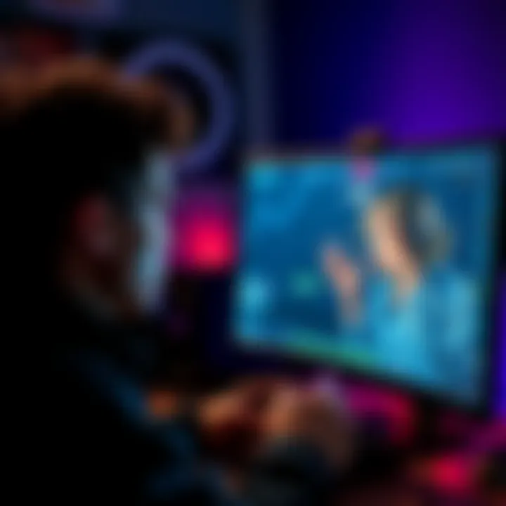 Gaming lag issue on a computer screen A frustrated gamer stares at a computer screen displaying lag spikes while playing a video game. The screen shows glitches and performance issues in a game. The room is dimly lit with gaming gear visible.