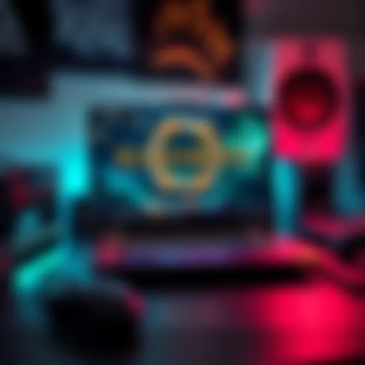 A gaming laptop displaying the game Elden Ring on the screen, set on a desk with gaming accessories