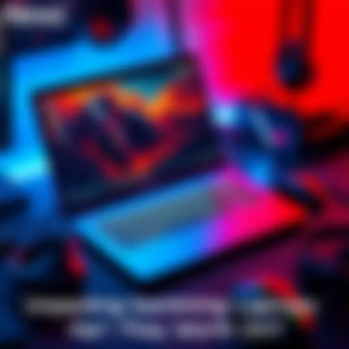 A gaming laptop on a desk with a colorful keyboard and gaming accessories around it
