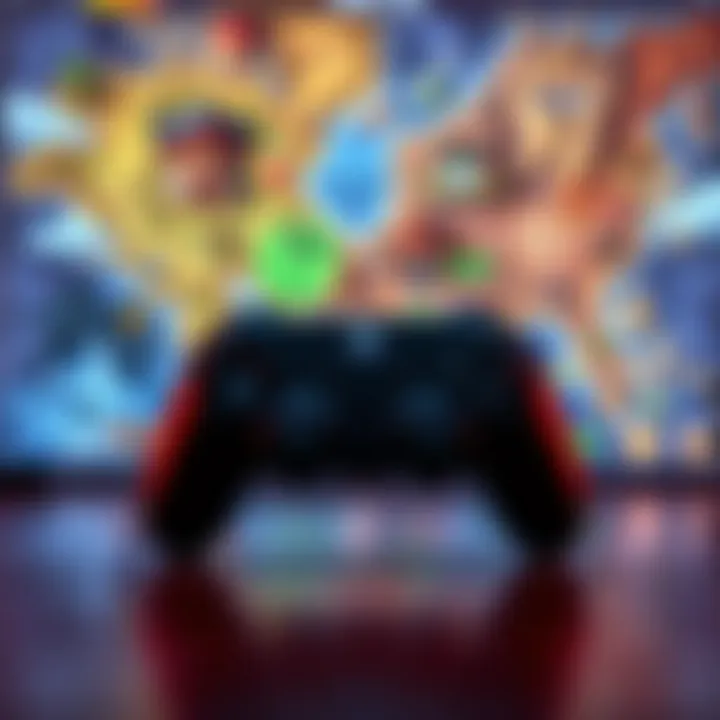 Gaming Lore Exploration A game controller in front of a fantasy game world map, symbolizing the connection between lore and player engagement.