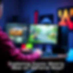 A player customizing game mods on GeForce Now with a computer setup and game graphics on screen