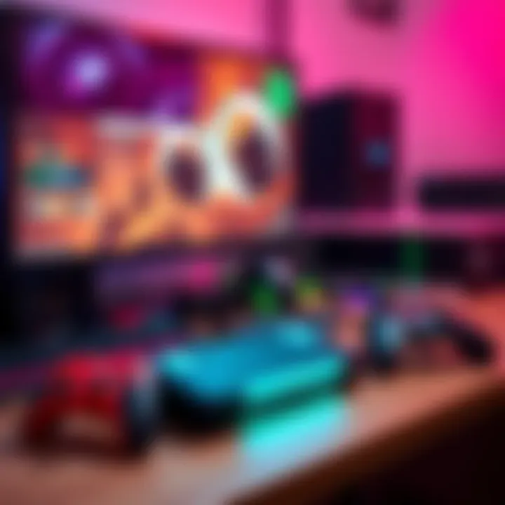 A variety of gaming mods displayed on a desk with a gaming console and controller in the background.