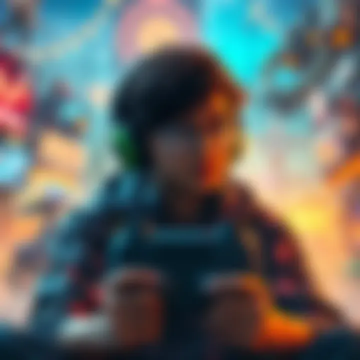 A gamer immersed in a game, surrounded by vibrant visuals that represent a strong story. The background features iconic gaming elements that symbolize adventure and exploration.