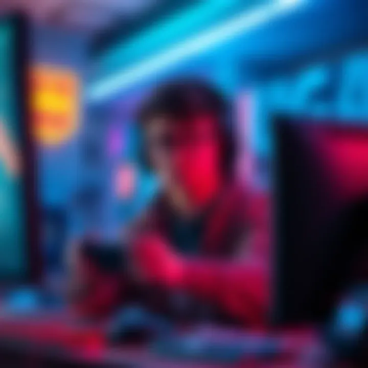 A gamer playing a video game on a computer without an internet connection, showing a focused expression and a glowing screen.