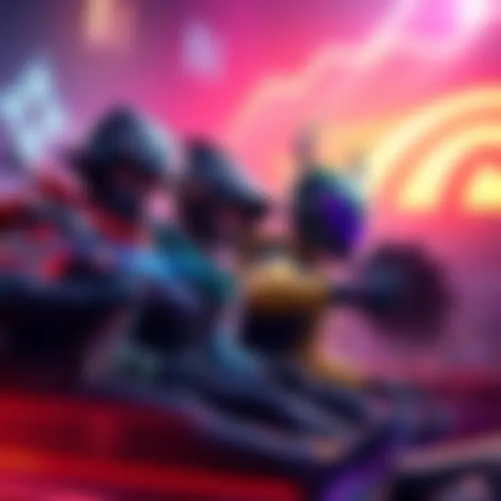 Four gaming characters representing RW9, Zen, Mawkzy, and Attow competing with each other in a vibrant gaming arena