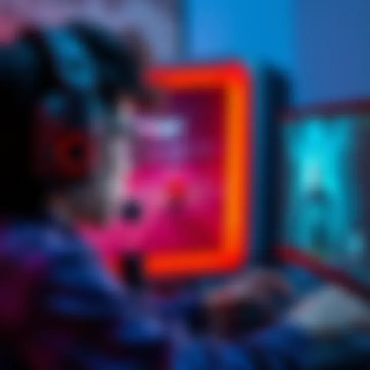 A gamer focused on the screen, showing a gameplay scene from Stadium with the GUI turned off, highlighting intense concentration and action.