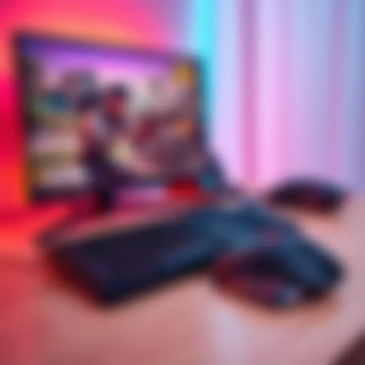 Gaming Setup with Keyboard and Mouse A gaming setup featuring a keyboard and mouse on a desk, with a gaming monitor showing Fortnite gameplay