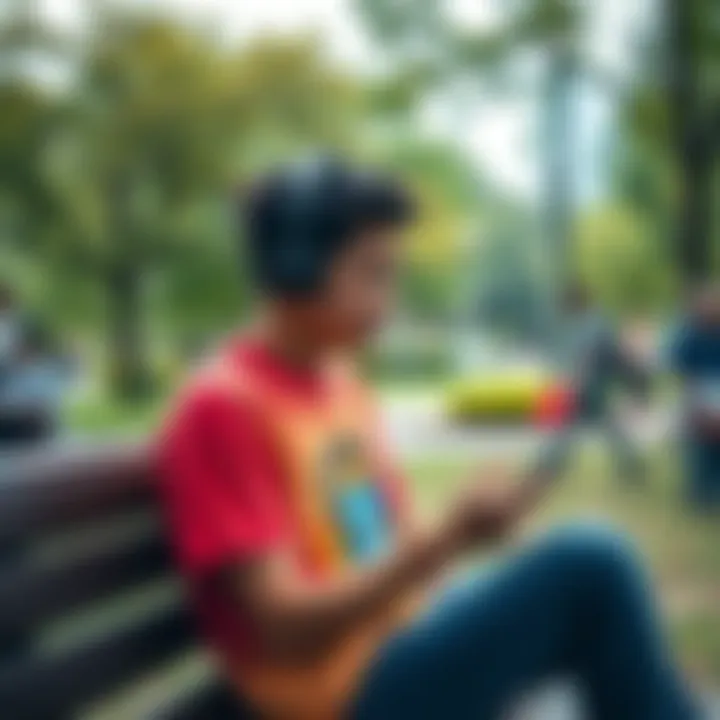 Young person wearing a gaming-themed shirt in a public park A young adult is sitting on a bench in a park, wearing a colorful gaming graphic t-shirt and looking at their phone, surrounded by greenery and people walking by.