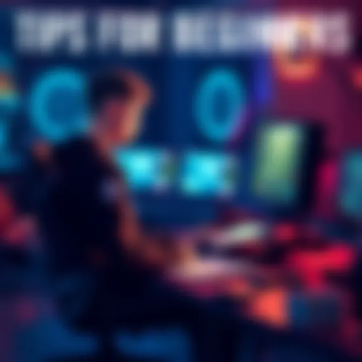 A beginner gamer sitting at a desk, focused on a video game with strategy notes beside them.
