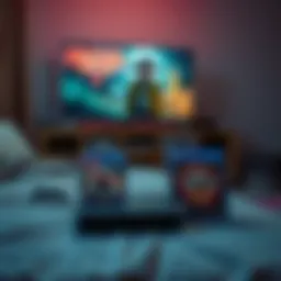 A cozy bedroom scene featuring a PlayStation 4 console with game cases for Bioshock Infinite, Fallout 4, Street Fighter V, and MSG V on a table, while a TV shows Stranger Things in the background.
